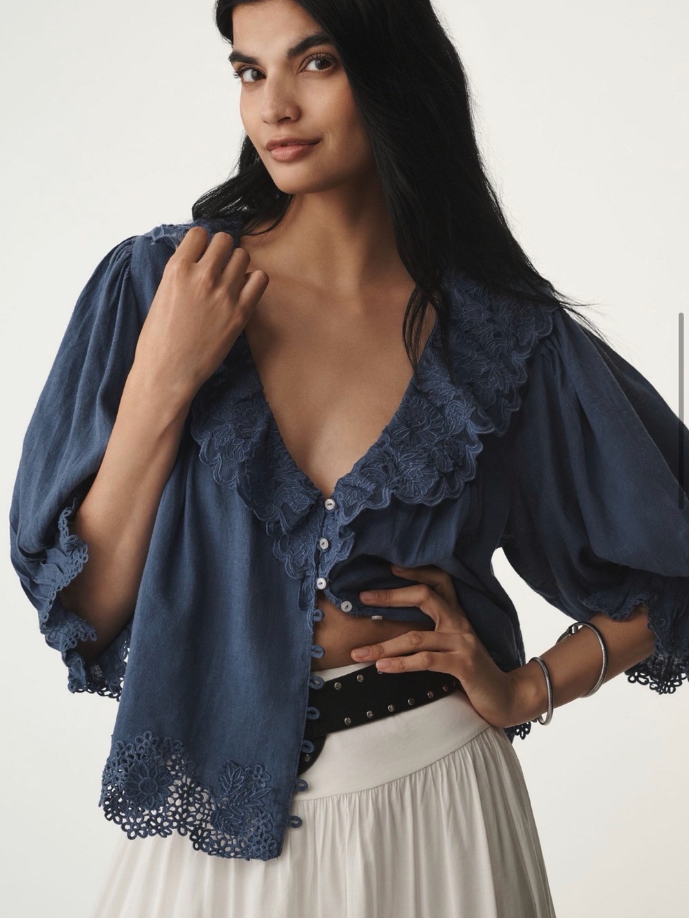 Linen Blend Lace-Collar Blouse